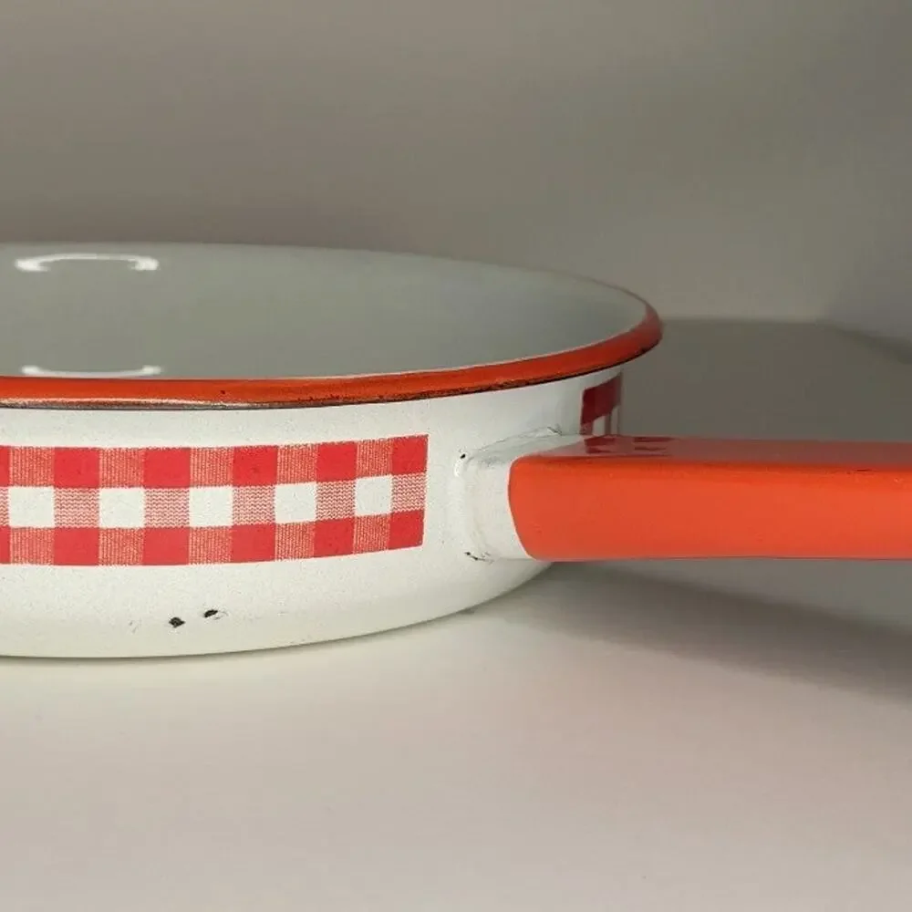 Vintage Red & white Checkered Enamelware Metal Skillet - Picture 3 of 12